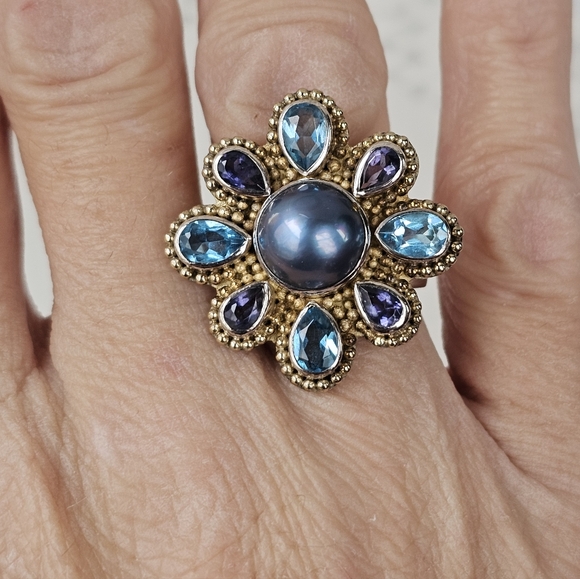 Exquisite Vintage Mabe Pearl, Swiss Topaz, Iolite Ring Sterling Silver Size 7! - Picture 8 of 8